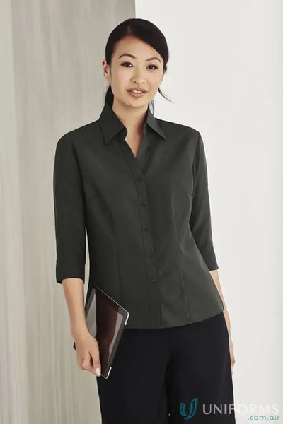 Woman in a dark sleeve shirt from CSI EMB Ladies 3qtr Shirt in LB3600 Biz collection