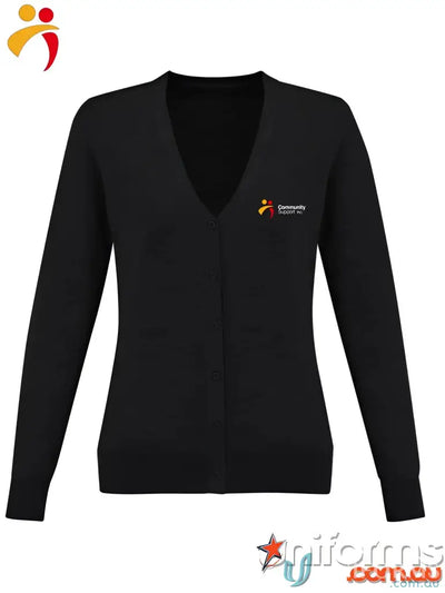 Black V-neck ladies knit cardigan from CSI EMB collection Roma Ladies in merino wool