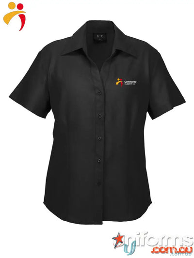 Black short-sleeve CSI Ladies SS Shirt made with biz ComfortCool fabric and oasis UPF rating