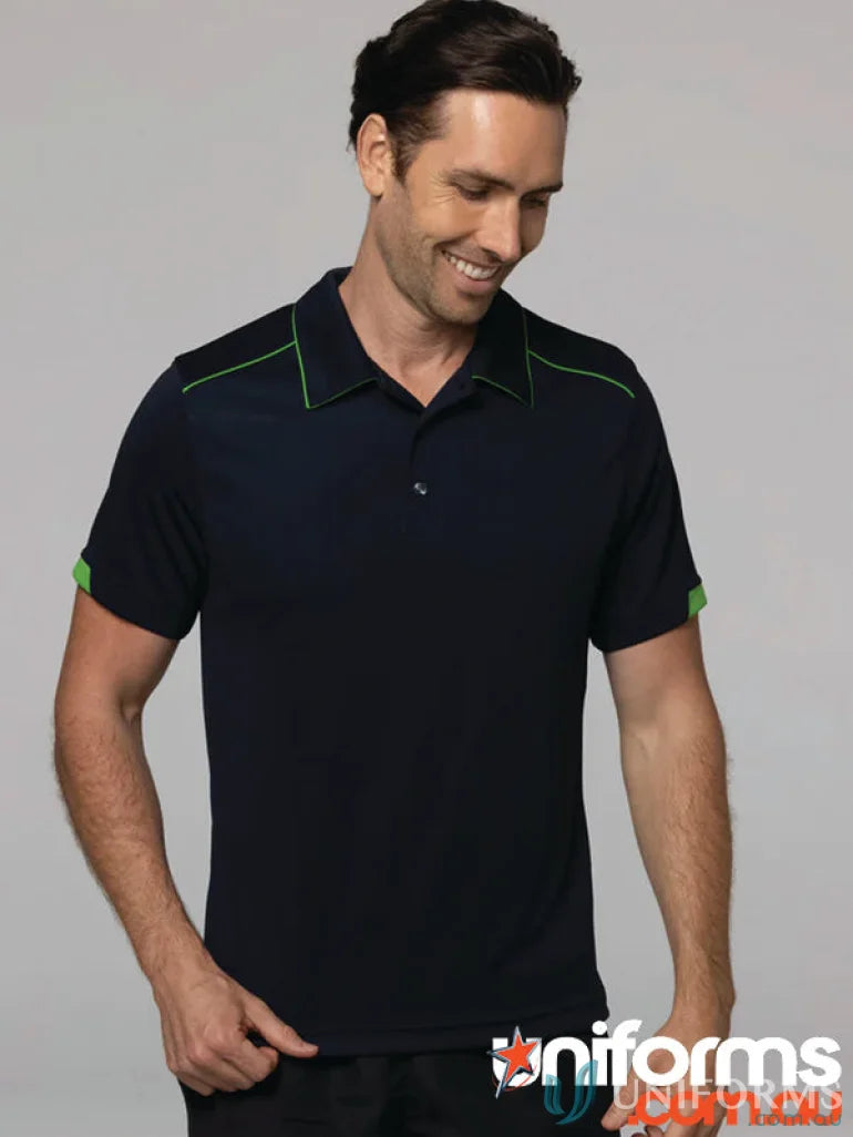Navy blue Currumbin men’s polo with lime green piping, perfect for mini waffle uniforms or workwear