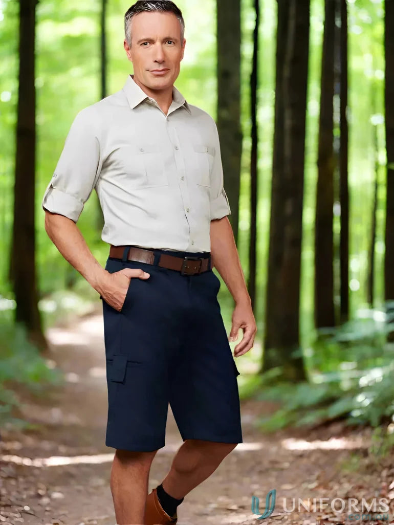 Man in outdoor attire wearing mens Detroit short from Biz Collection Detroit with Biz Flexi-Band waistband