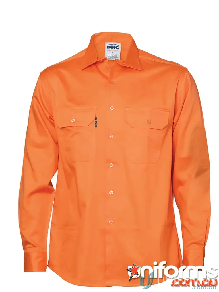 Orange long-sleeved work shirt from DNC Cool-Breeze L/S Work Shirt, perfect for uniforms and workwear