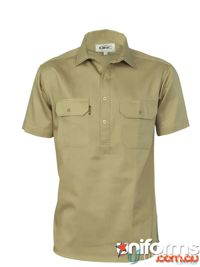 Khaki Cotton Drill Short-Sleeved Work Shirt for Uniforms and Workwear from DNC