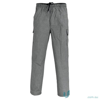 Black and white checkered DNC Drawstring Cargo Chef Pants made of poly cotton cargo fabric