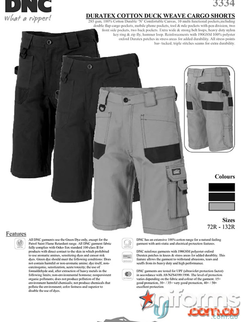 Mens DNC Duratex Cotton Duck Weave Cargo Shorts in black and grey with pockets