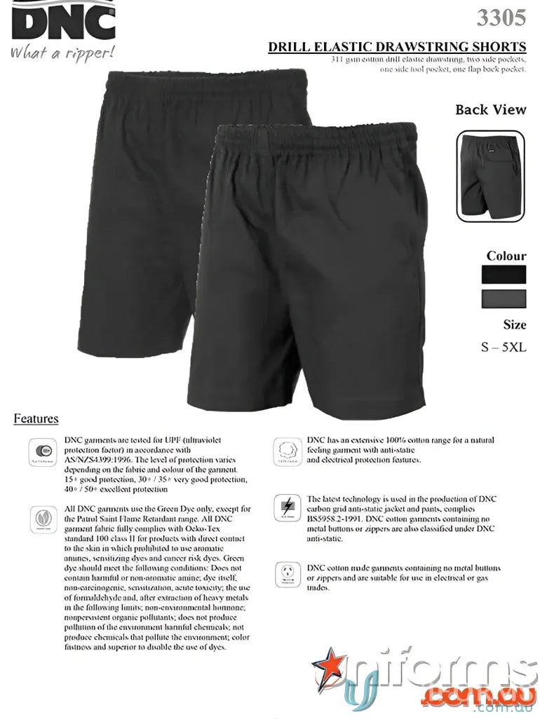 Black DNC Elastic Waist Shorts with drill elastic and drawstring, perfect work shorts