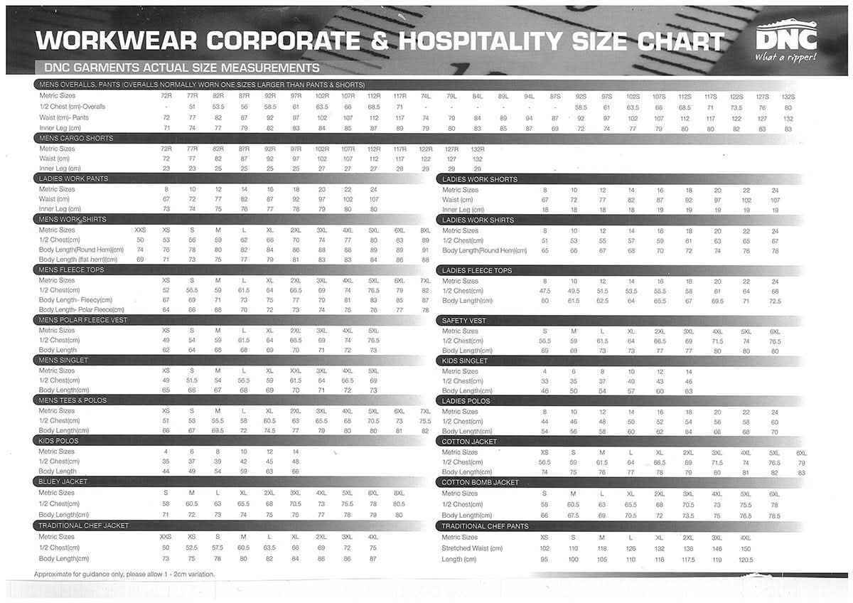 DNC Cool-Breeze Cotton Cargo Pants size chart