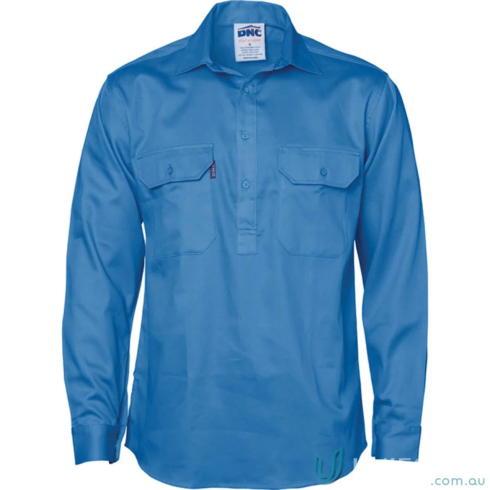 Sky blue DNC Hivis Close Front Drill LS Shirt with chest pockets for work safety