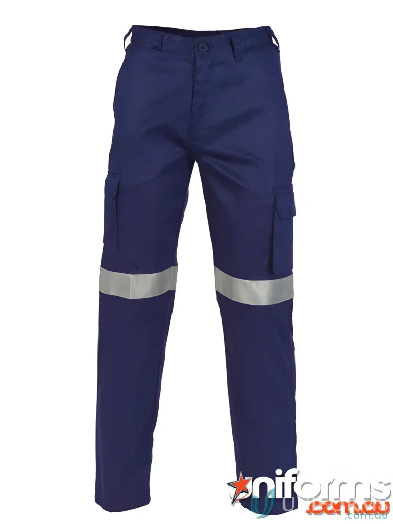 Blue lightweight cotton cargo pants with reflective tape and stripes for work safety