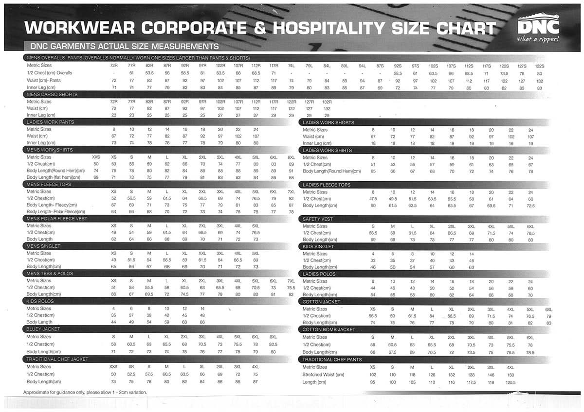 DNC Three Way Breeze Shirt size chart