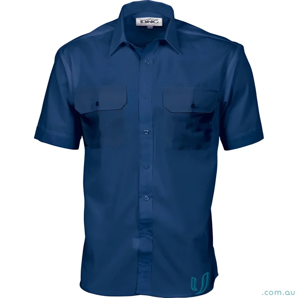 Blue short-sleeved work shirt from DNC PolyCotton workwear, perfect for uniforms