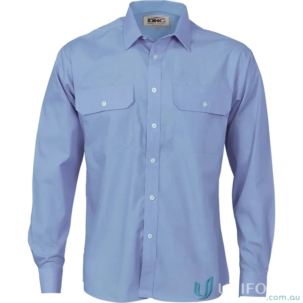 Light blue long-sleeved work shirt for uniforms and workwear in the DNC PolyCotton line