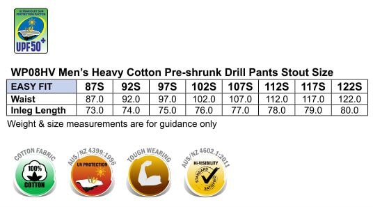 Pre Shrunk Drill Pants with 3M Tape size chart