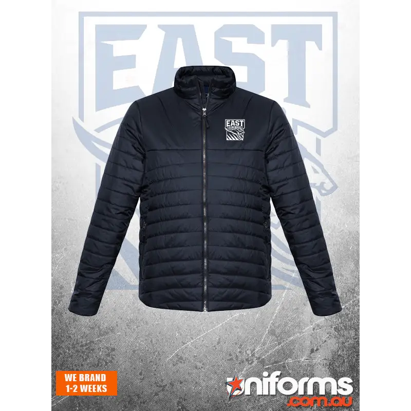 Black quilted puffer jacket.