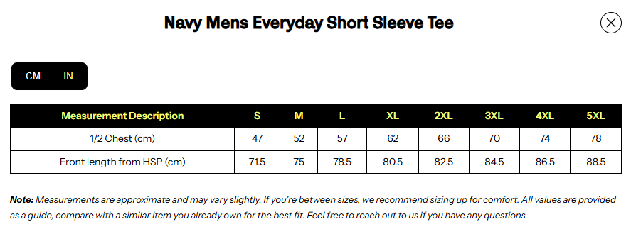 Goodmates Weighted Tee size chart