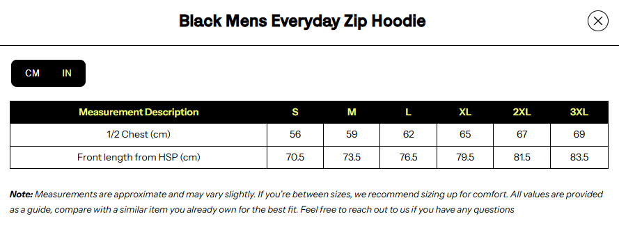 Heavyweight Premium Everyday Zip Hoodie size chart
