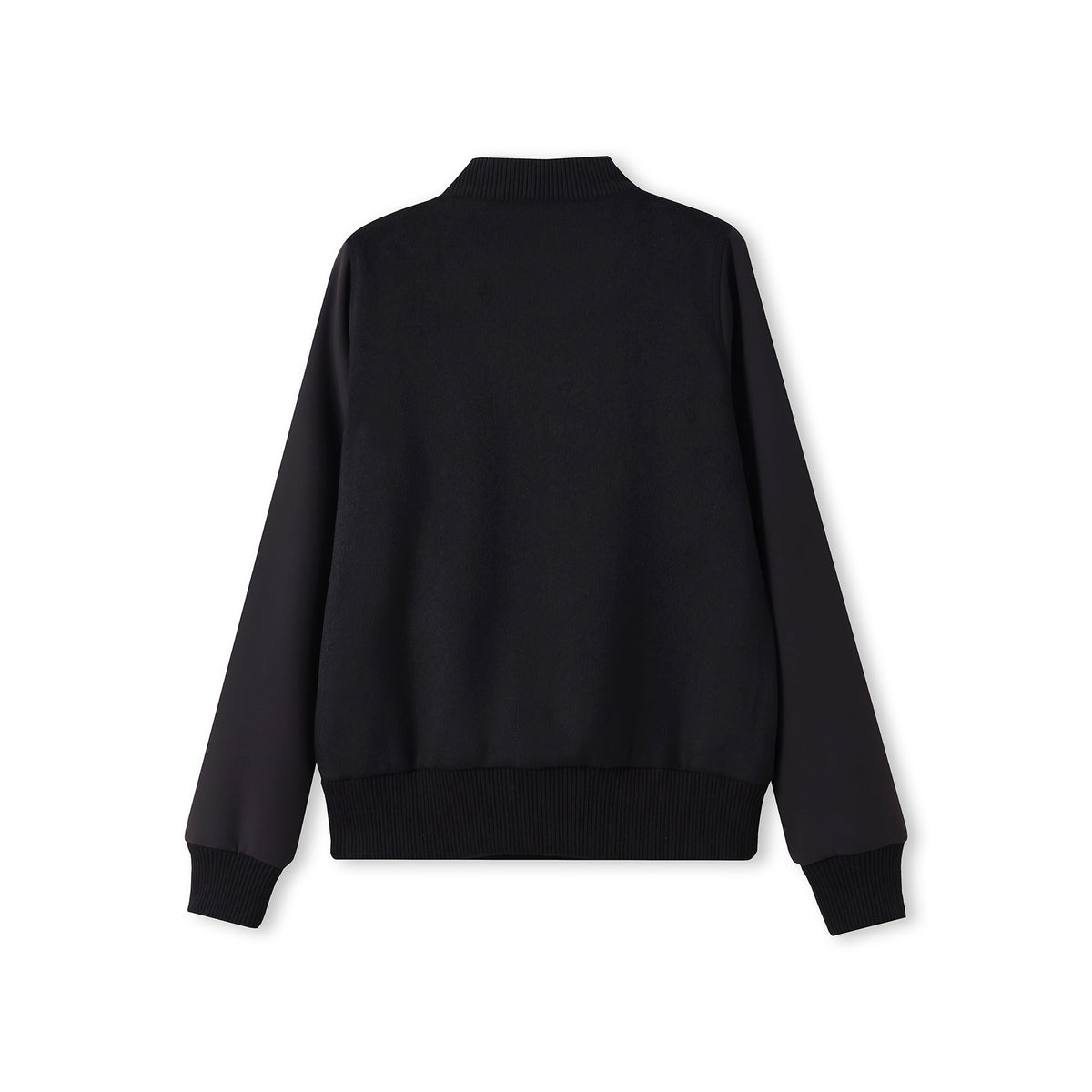 Black knit varsity wool blend ladies bomber jacket with ribbed cuffs and hem ideal for workwear and uniforms
