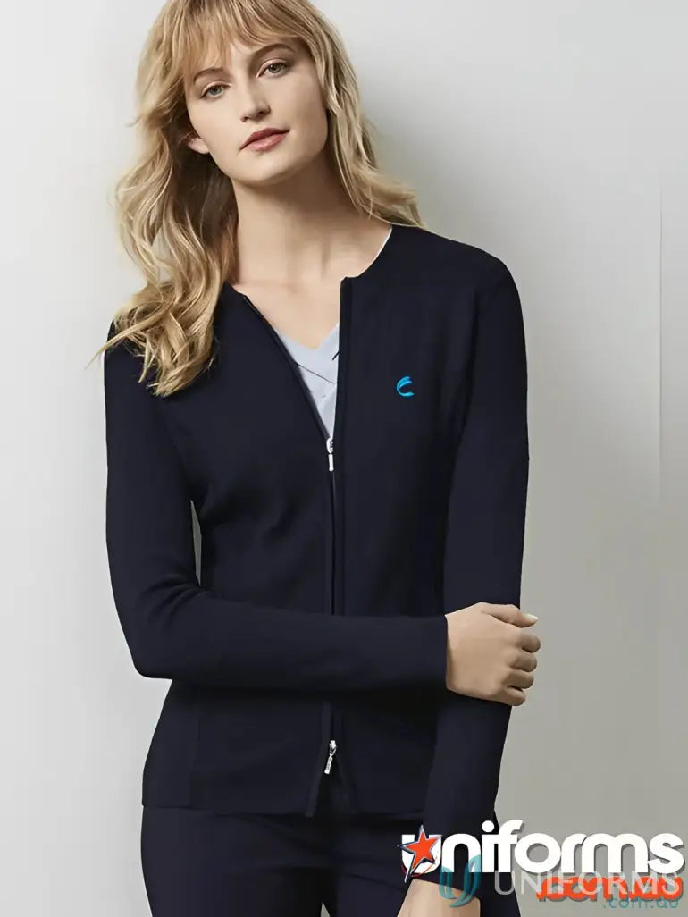 Woman in navy blue FMIG EMB Ladies Zip Cardigan, perfect for work uniforms or workwear
