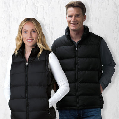 Black frontier puffa vest with quilted design, high collar and front zipper