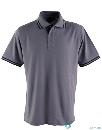 Gray Grace Polo shirt with striped trim, perfect for truedry pique short and Sleeve Polo PS65