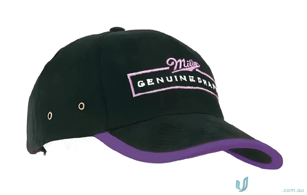 Black baseball cap with purple trim from HBC stock range, adjustable wide fit