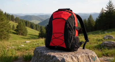 Red and black Heart Foundation EMB Backpack with easy access straps and external cords
