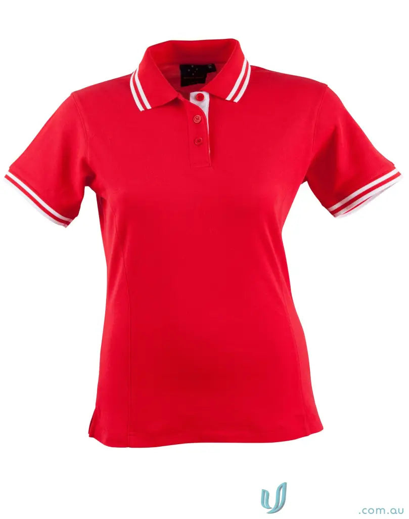Women’s red truedry pique polo shirt with white stripes on collar and sleeves