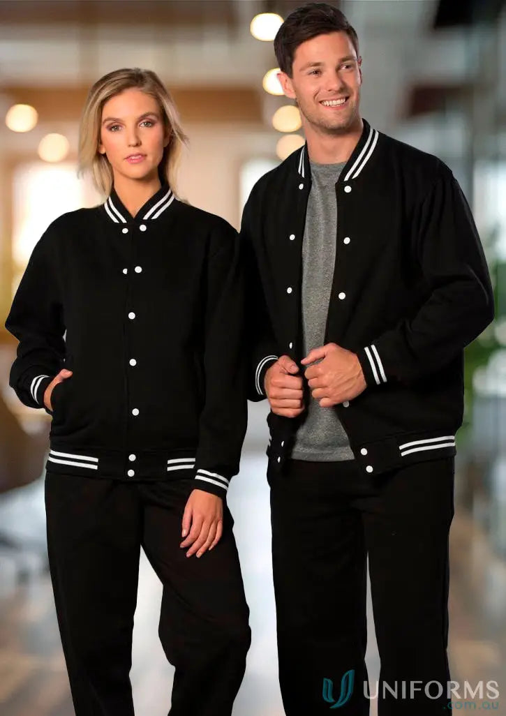 Matching black fleece varsity jackets from the Heart Foundation EMB Letterman Jacket collection