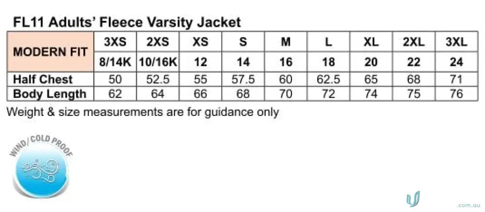 Fleece varsity jacket size chart for Heart Foundation EMB Letterman Jacket showing premium fabric
