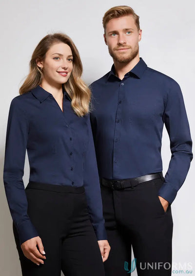 Two guys rocking matching navy blue Monaco LS Shirt and black trousers from Biz Collection Monaco