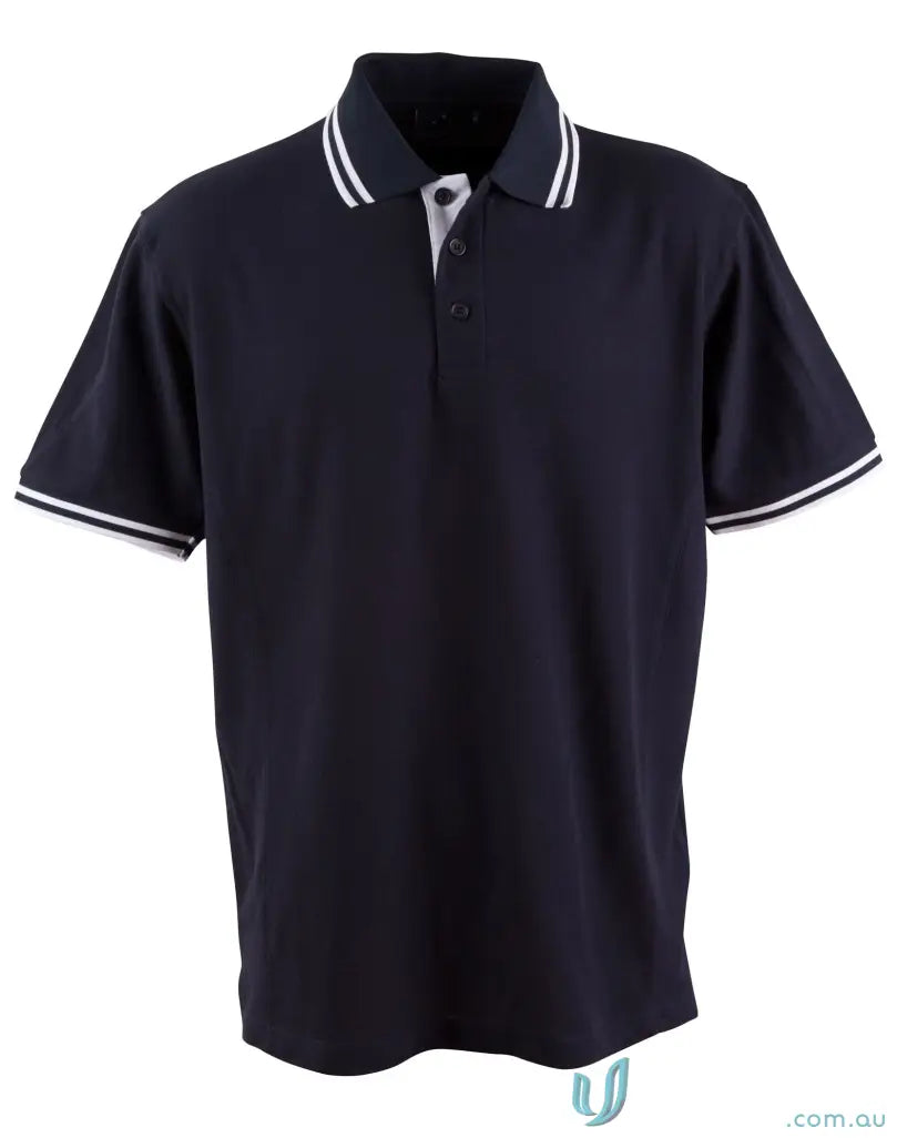 Dark blue Heart Foundation Mens Pique Polo with white stripe sleeve and collar