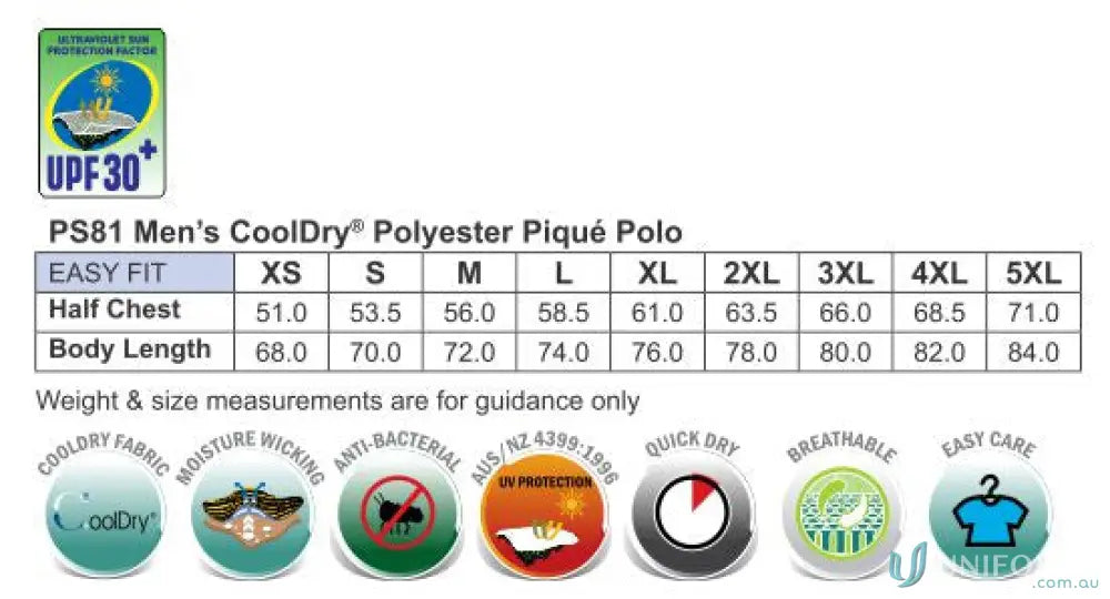 Size chart and features of Heart Foundation Men’s Polo with cooldry® polyester mini and flat knitted collar