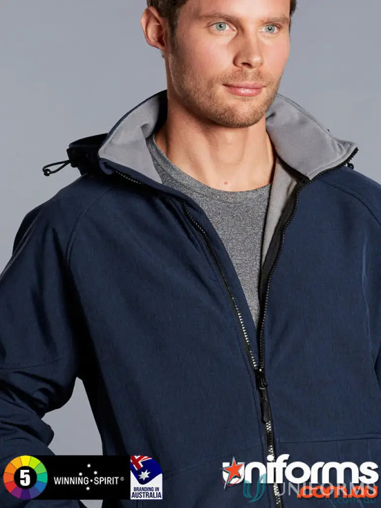 Dark blue jk33 Aspen Softshell jacket with removable hood and grey fleece lining