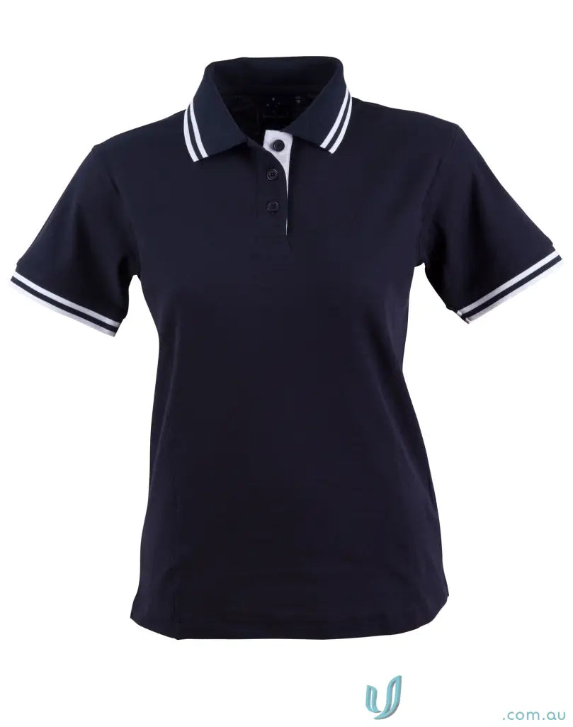 Navy blue women’s pique short sleeve polo with white collar and stripes for winning spirit ladies