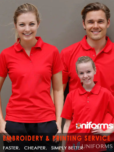 Three people of different ages in red Heart Foundation EMBx2 Men’s Polo with cooldry® polyester mini and flat knitted collar