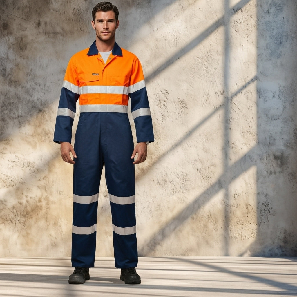 HiVis coveralls with reflective tape in orange navy workwear uniforms