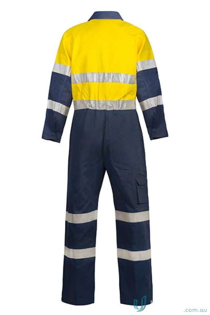 Blue and yellow reflective work jumpsuit with tape for safety and workwear uniforms