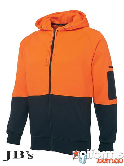 Orange and black hooded work jacket, great for safety in the hivis fleecy hoodie line