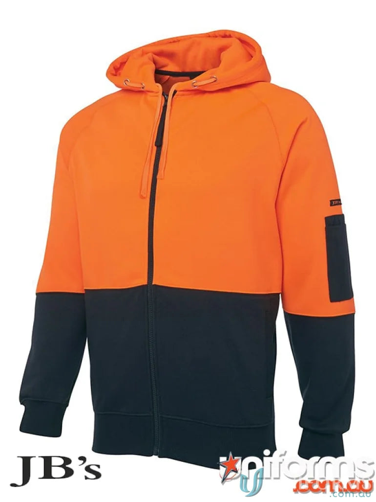 Orange and black hooded work jacket, great for safety in the hivis fleecy hoodie line