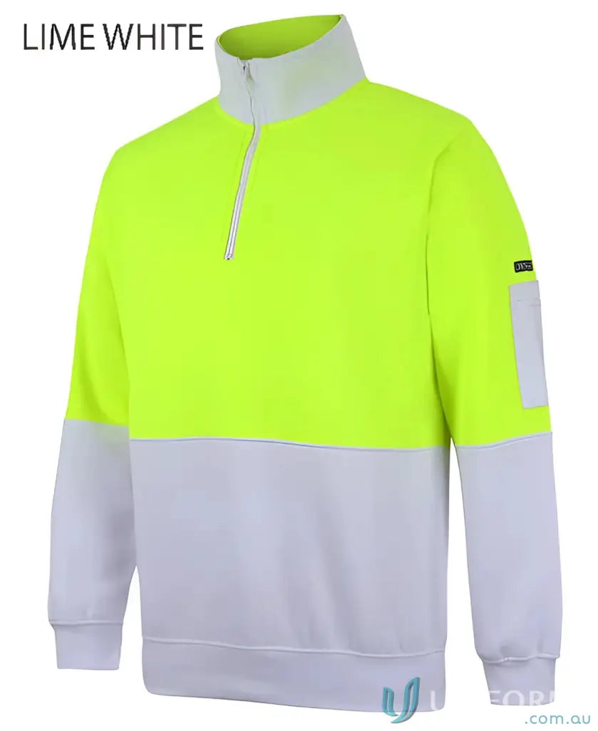 Lime and white quarter-zip sweatshirt from JBs HiVis Half Zip Fleecy Jumper for uniforms