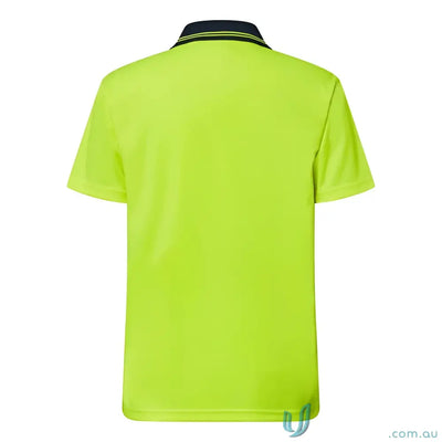 Lime green lightweight ss polo shirt with dark collar and thin stripes for uniforms