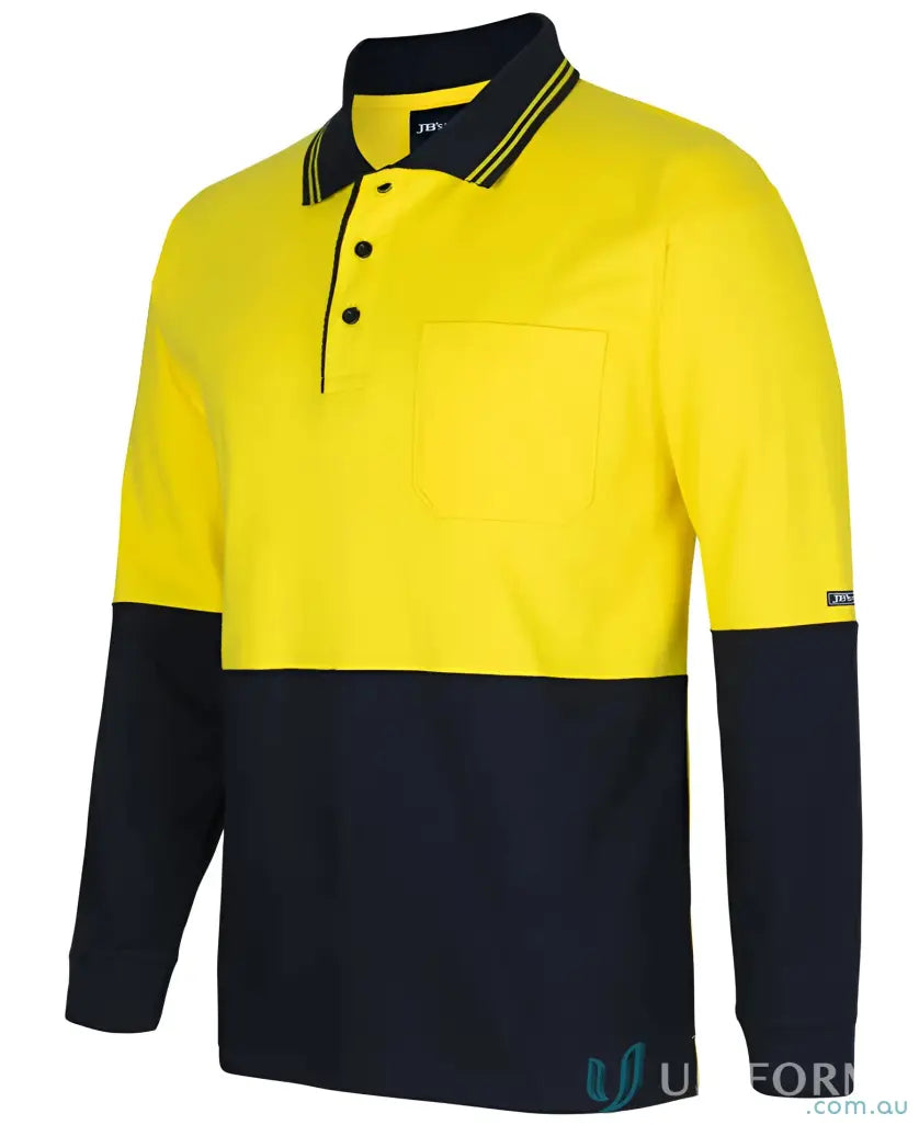 Yellow and navy HiVis LS Cotton Polo shirt with chest pocket in 180gsm fabric and UPF protection
