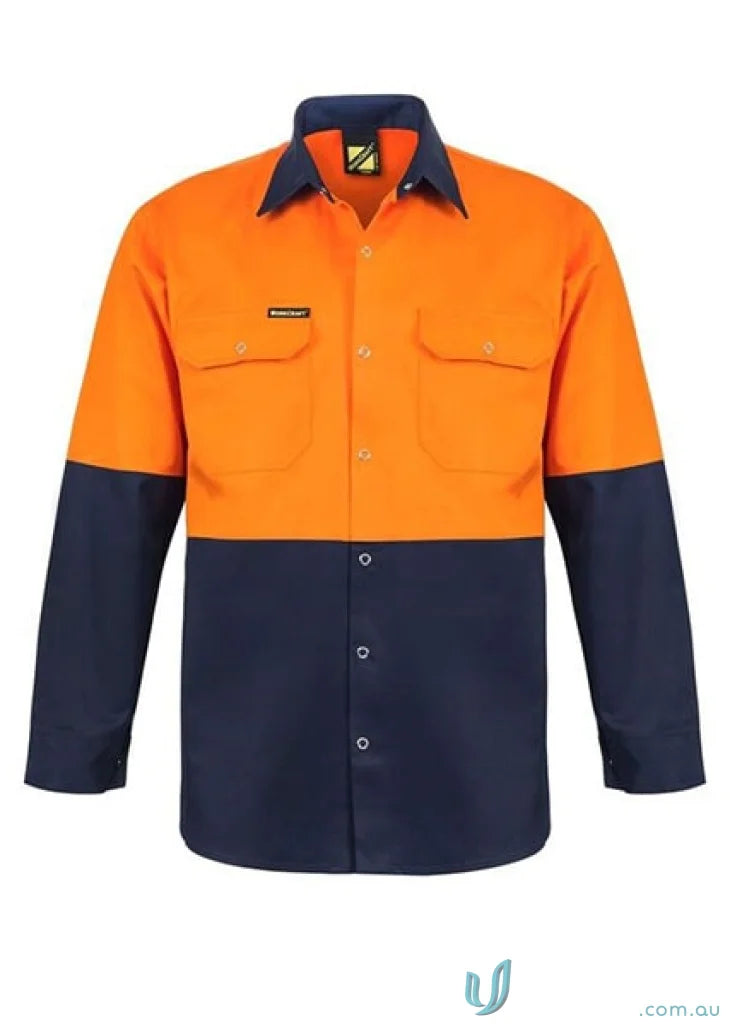 Orange and navy blue work shirt from HiVis LS Shirt With Press Studs in cotton drill uniforms