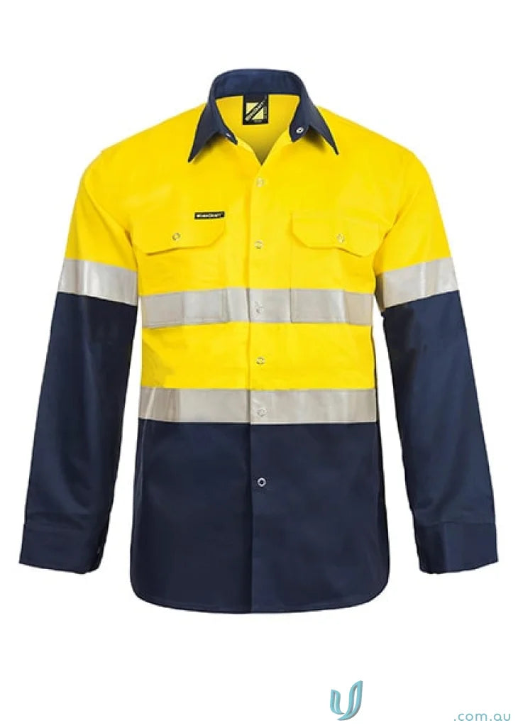 HiVis LS Shirt with Reflective Tape showing reinforced stress points and twin needle stitching