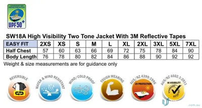 High visibility jacket size chart for SW18A Hi-Vis Safety and Hivis Reflective Long Jacket