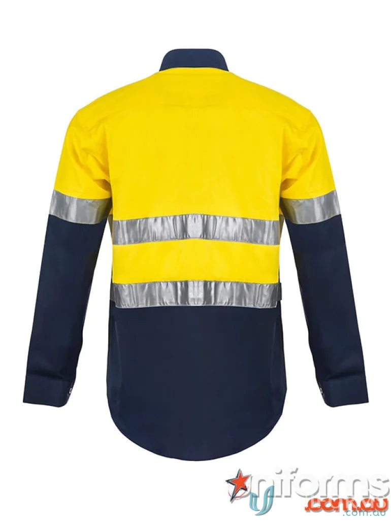 Yellow and navy blue hi-vis work shirt with CSR reflective tape for safety