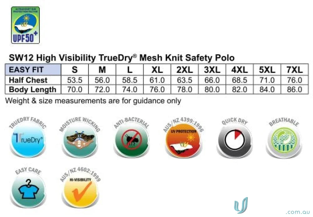 Polo shirt sizing and features chart for HiVis TrueDry Safety Polo with sw12 truedry tech
