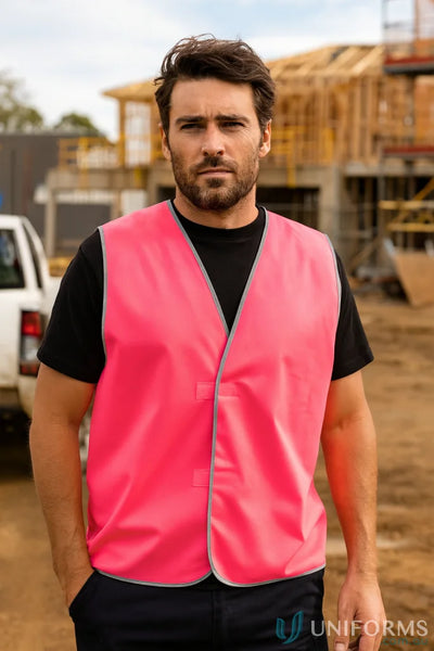 Hot pink HiVis Vest with black trim meets Australian safety standards for work uniforms for Australians