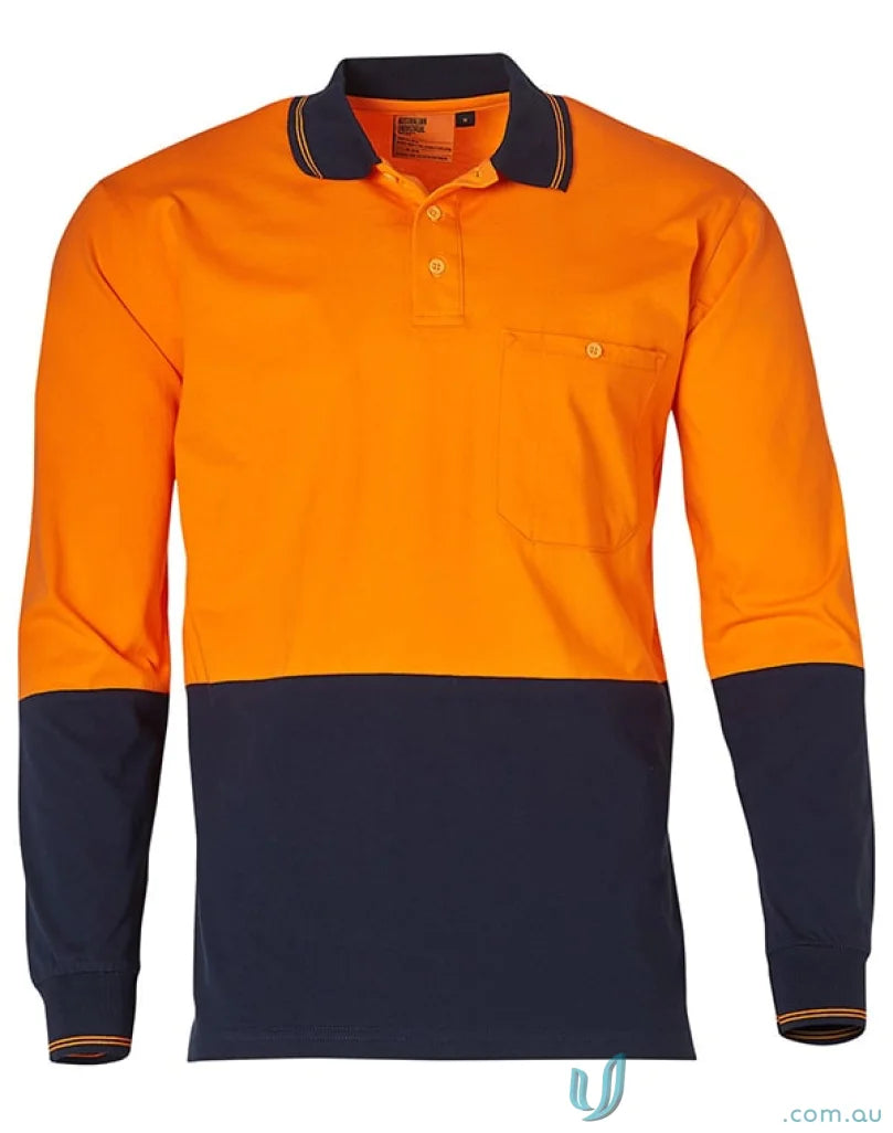 Orange and navy two tone long sleeve polo shirt made of SW36 Cotton Jersey perfect as a sleeve safety polo