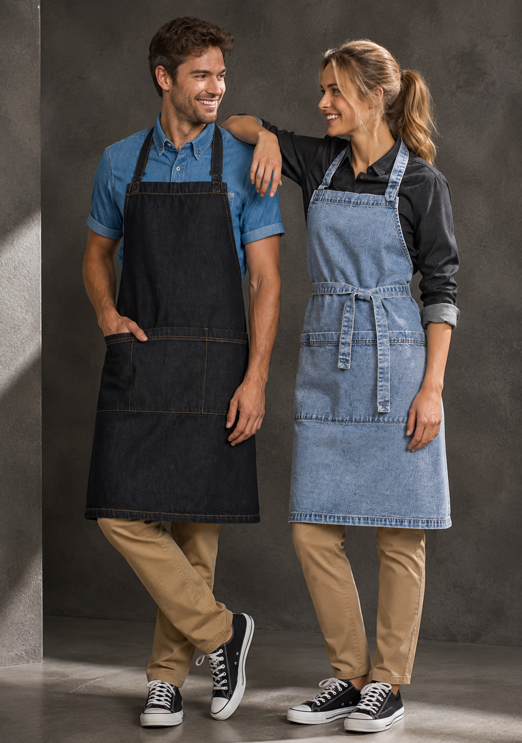 A man and a woman modeling two styles of aprons: a dark navy blue denim bib apron and a light blue denim bib apron, shown against a textured gray studio background.